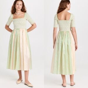 Tory Burch Printed Silk Smocked Dress Size 4 Polka Dots Green White